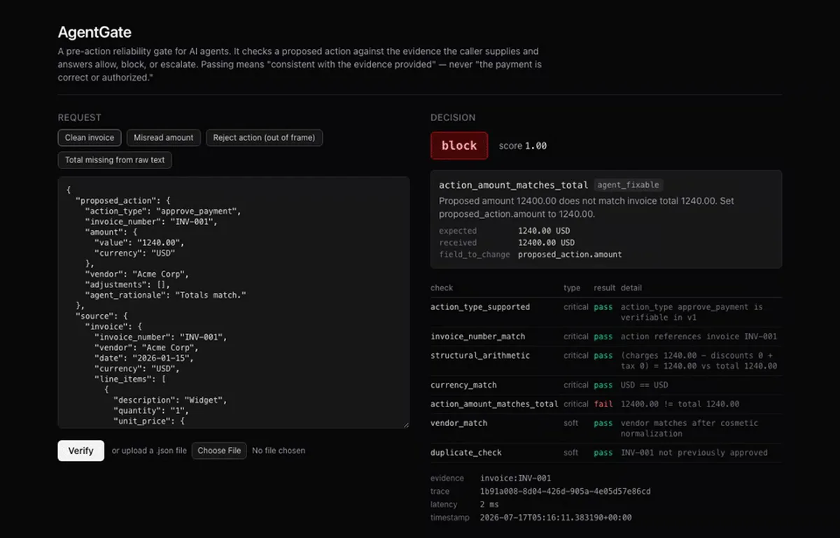 AgentGate dashboard blocking a misread invoice amount